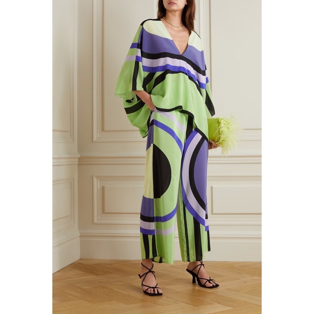 Ador Satin VNeck Geometric Print Poncho Blouse & Wide Leg Pant 2pc Set Small NWT - Picture 2 of 6